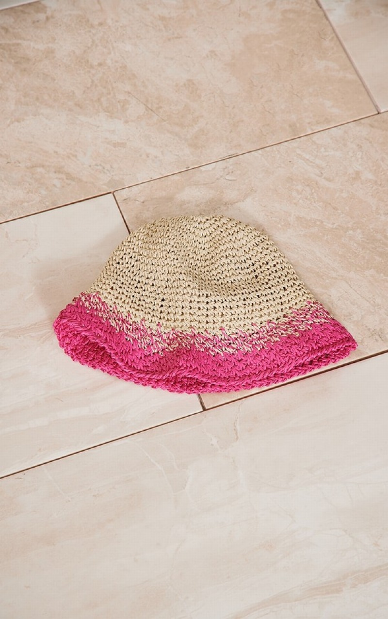 Light Pink Pretty Little Thing Bright Trim Raffia Bucket Hats | HOEVTQR-62