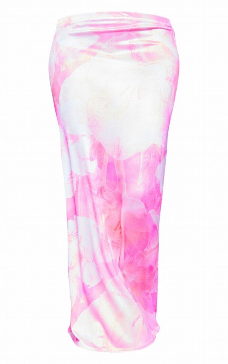 Light Pink Pretty Little Thing Floral Print Acetate Slinky Low Rise Midaxi Skirts | UJXCLOD-72