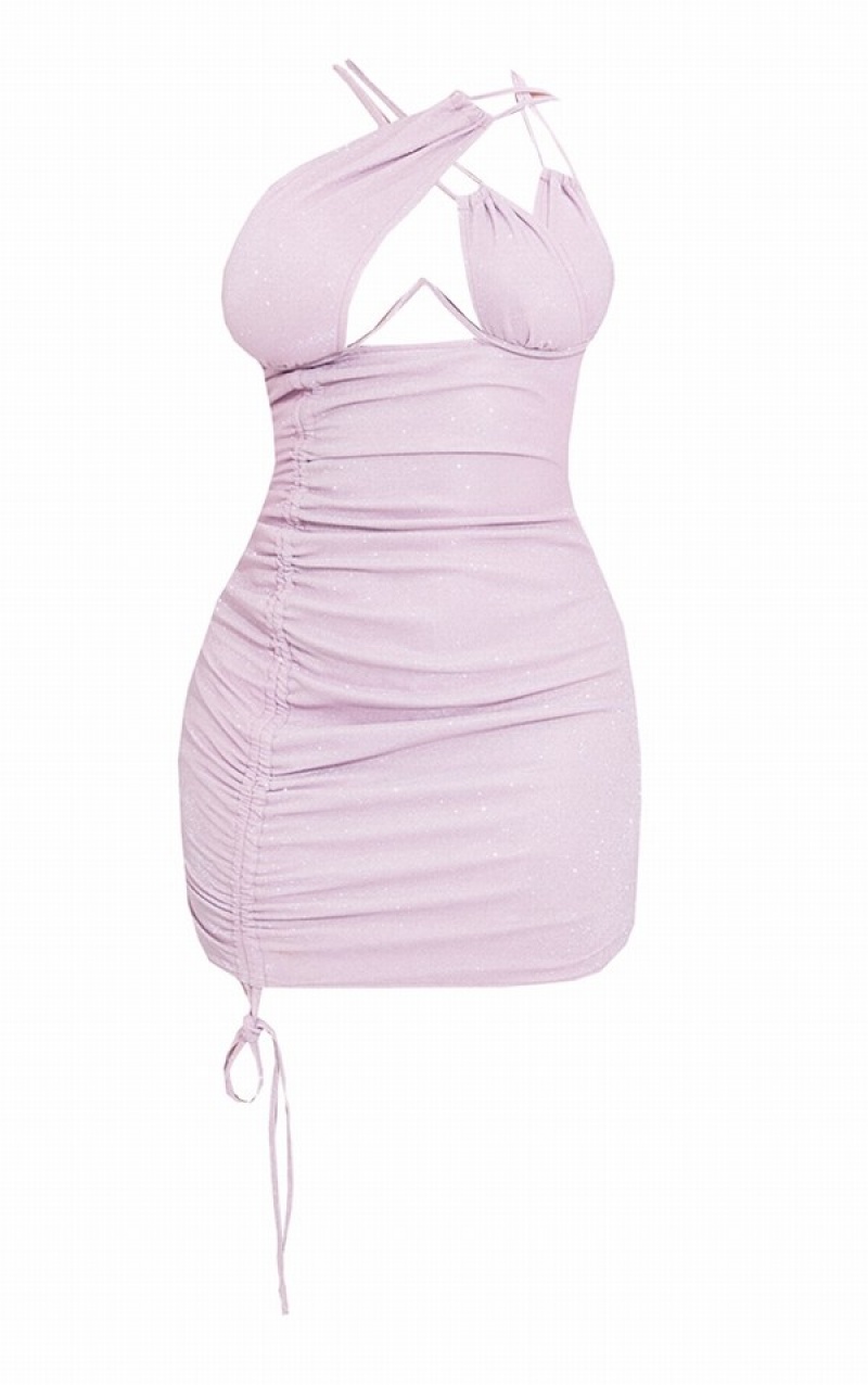 Light Pink Pretty Little Thing Shape Glitter Cup Detail Ruched Side Bodycon Dresses | QVHURTF-43