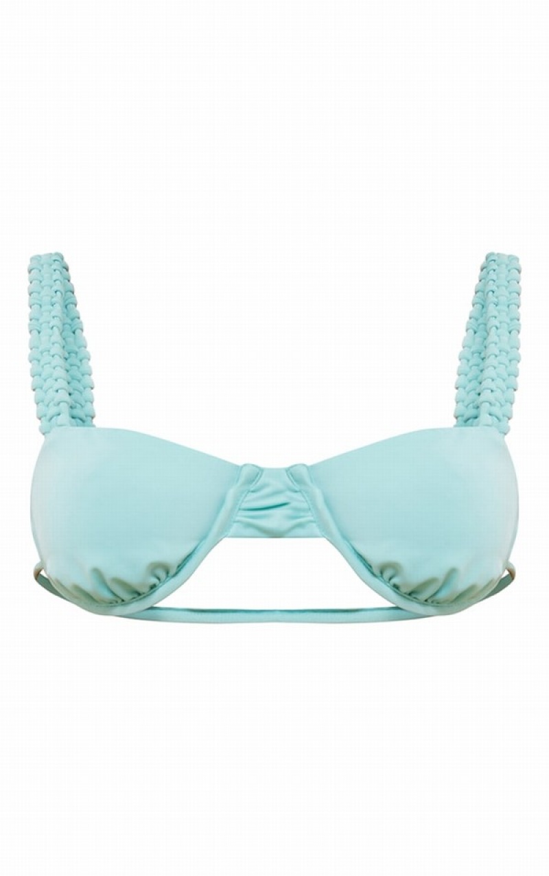 Light Turquoise Pretty Little Thing Aqua Plaited Strap Underwired Bikini Tops | HWVBILO-51