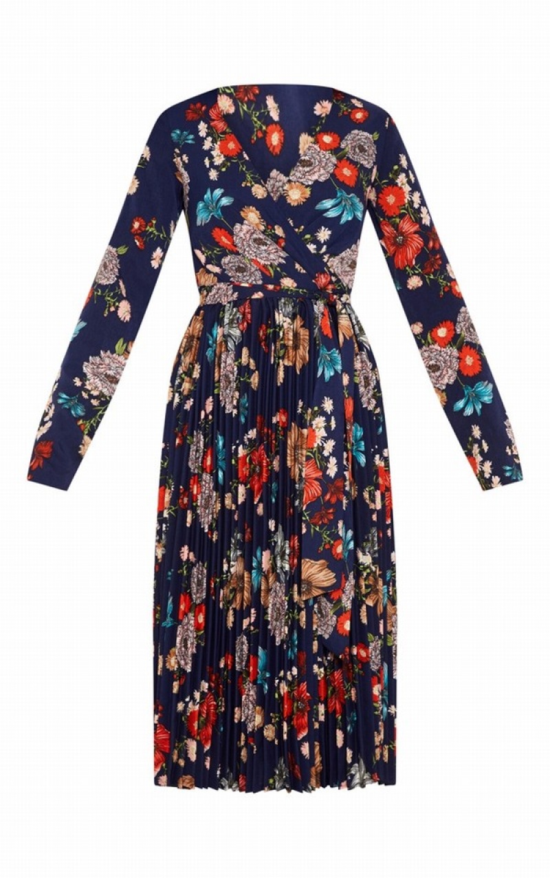 Navy Pretty Little Thing Floral Long Sleeve Pleated Dresses | RMJBNWY-65