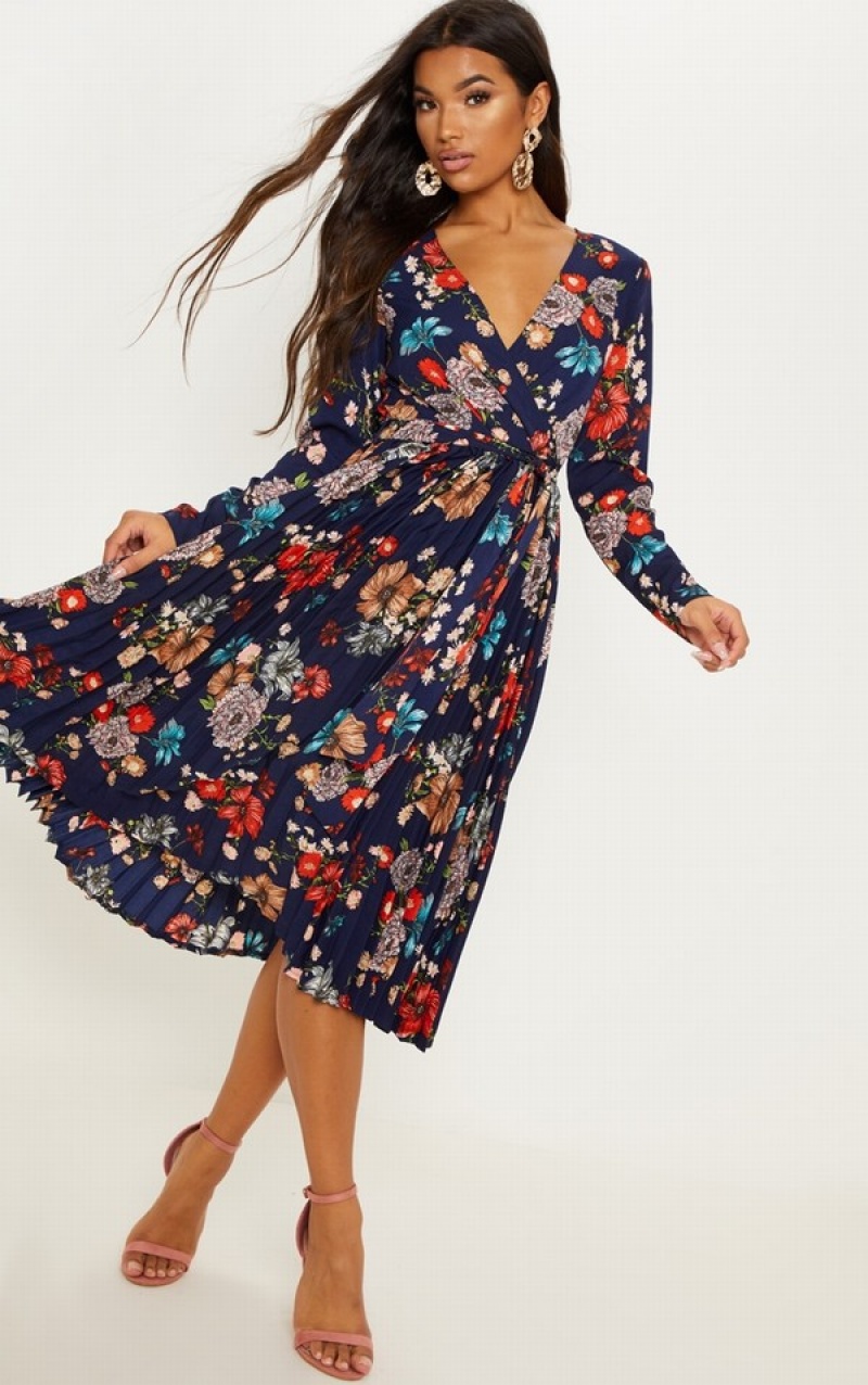 Navy Pretty Little Thing Floral Long Sleeve Pleated Dresses | RMJBNWY-65