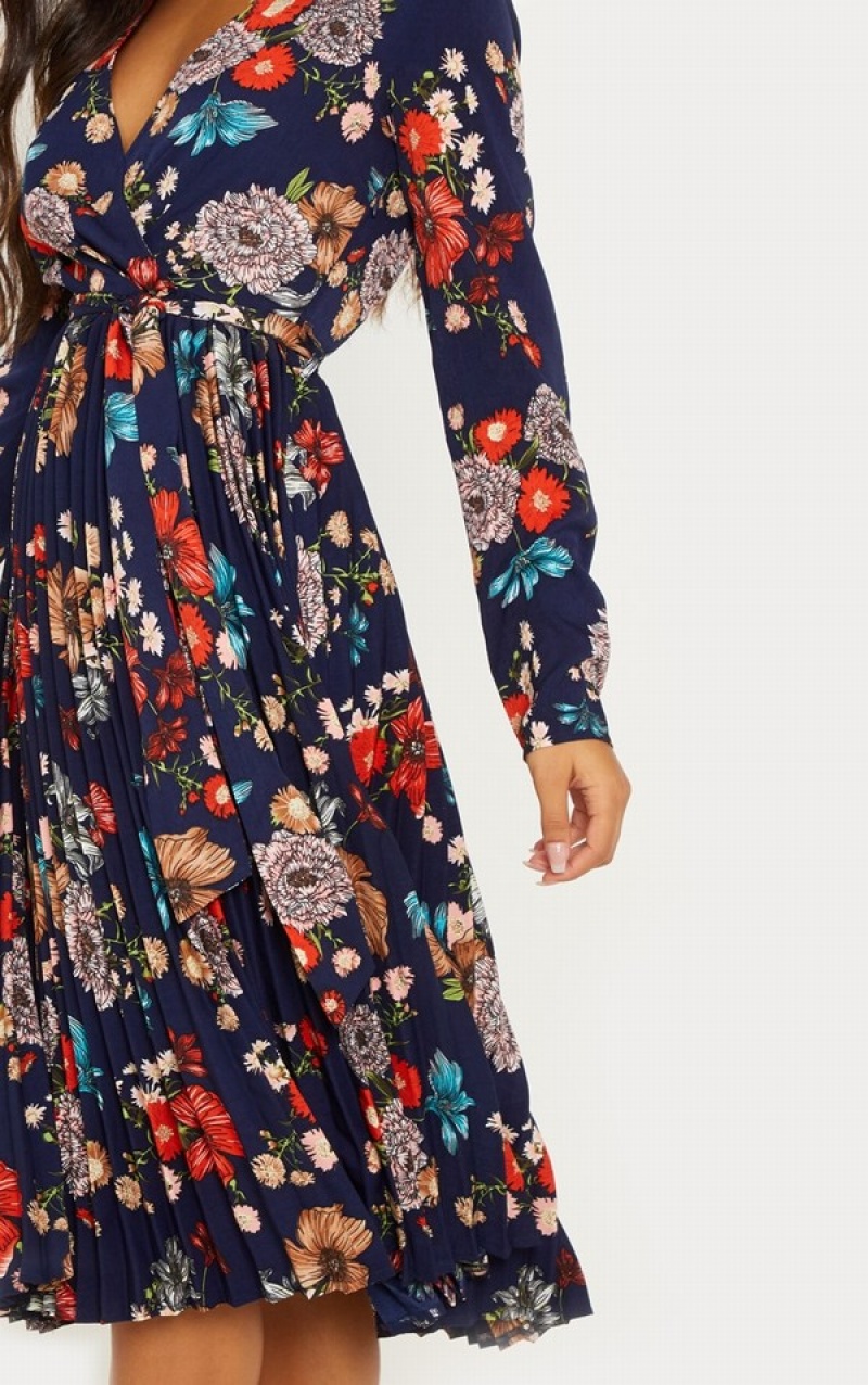 Navy Pretty Little Thing Floral Long Sleeve Pleated Dresses | RMJBNWY-65