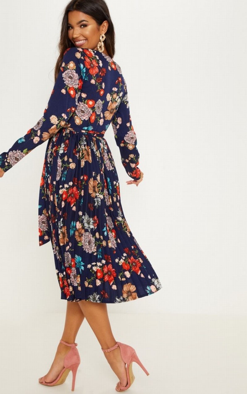 Navy Pretty Little Thing Floral Long Sleeve Pleated Dresses | RMJBNWY-65