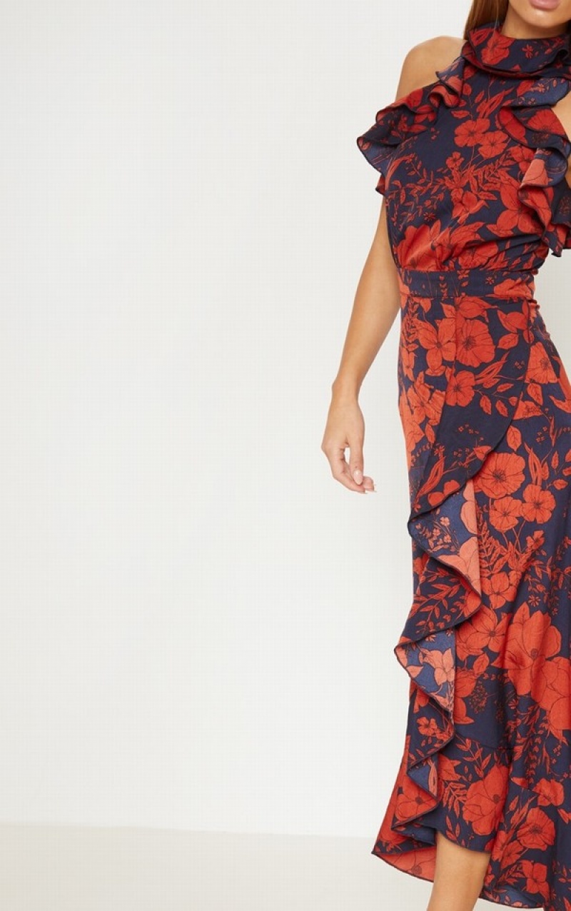 Navy Pretty Little Thing Floral Print Frill Detail Wrap Maxi Dresses | IDBNMSP-28