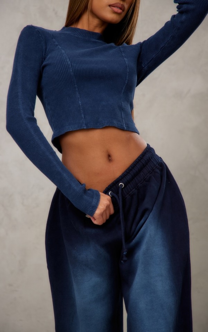 Navy Pretty Little Thing Ombre Washed Effect High Waisted Wide Leg Sweatpants | OMYHBNE-45