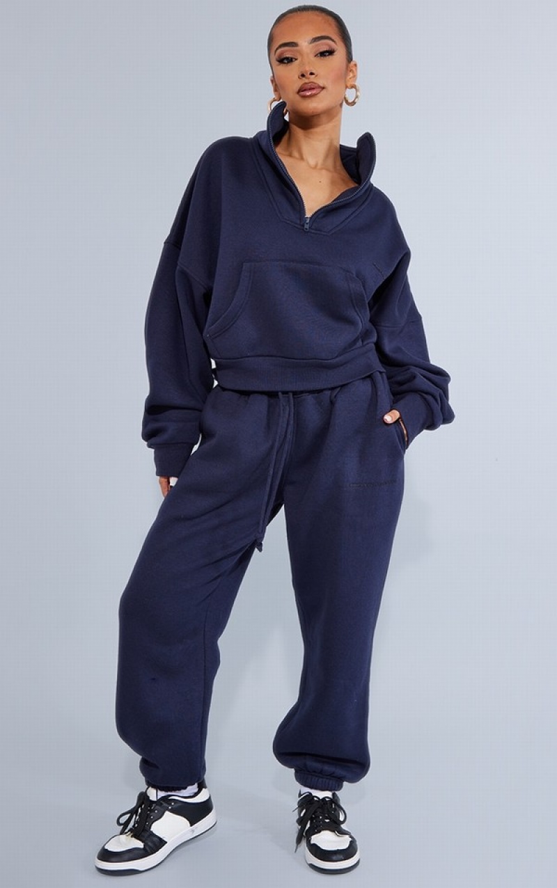 Navy Pretty Little Thing Petite Half Zip Oversized Sweatshirts | JRESPHA-10