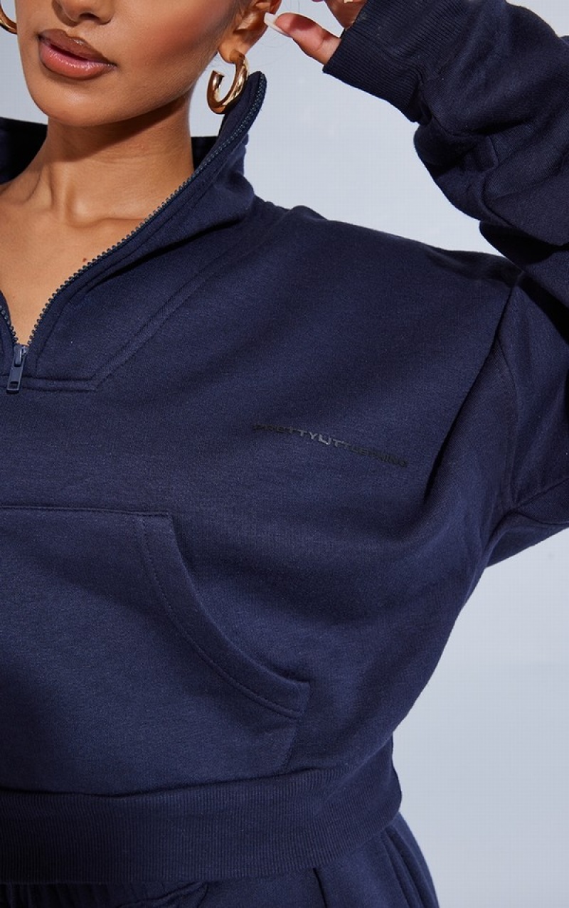 Navy Pretty Little Thing Petite Half Zip Oversized Sweatshirts | JRESPHA-10