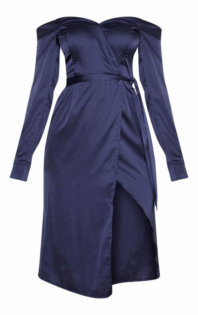 Navy Pretty Little Thing Satin Bardot Lapel Detail Wrap Dresses | UQVWKTZ-57