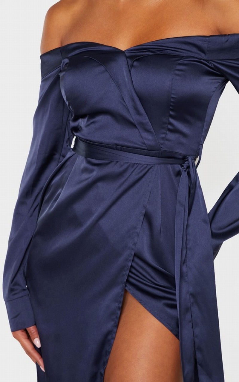 Navy Pretty Little Thing Satin Bardot Lapel Detail Wrap Dresses | UQVWKTZ-57