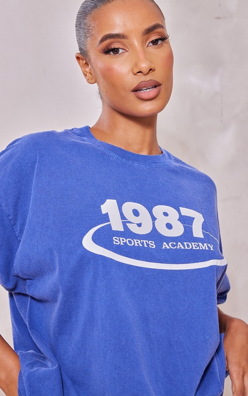 Navy Pretty Little Thing Washed 1987 Sports Academy Printed T-shirts | HSXUBDQ-59