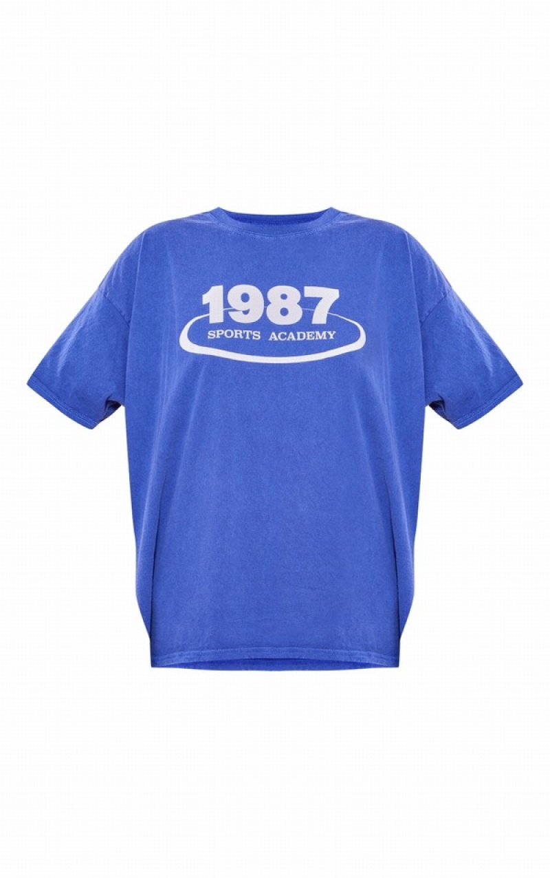 Navy Pretty Little Thing Washed 1987 Sports Academy Printed T-shirts | HSXUBDQ-59