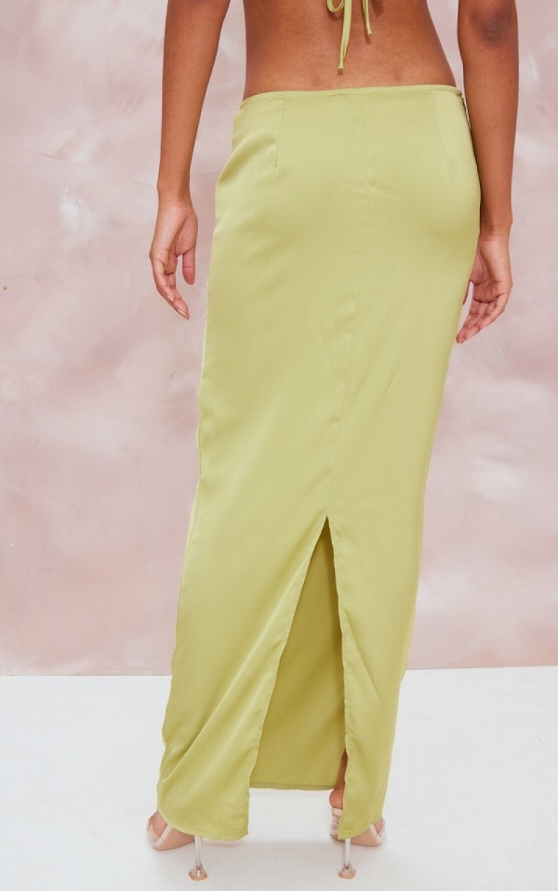 Olive Pretty Little Thing Chartreuse Satin Mid Rise Maxi Skirts | ZQHNXUG-60