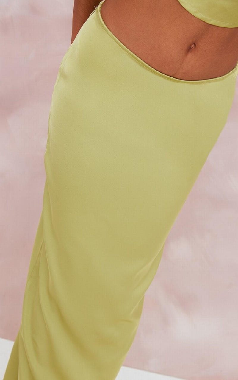 Olive Pretty Little Thing Chartreuse Satin Mid Rise Maxi Skirts | ZQHNXUG-60