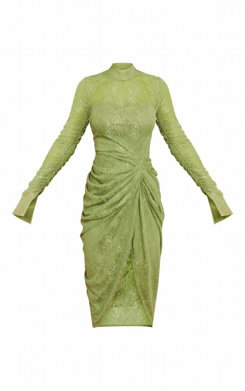 Olive Pretty Little Thing Lace High Neck Long Sleeve Draped Dresses | GDWVRKN-50