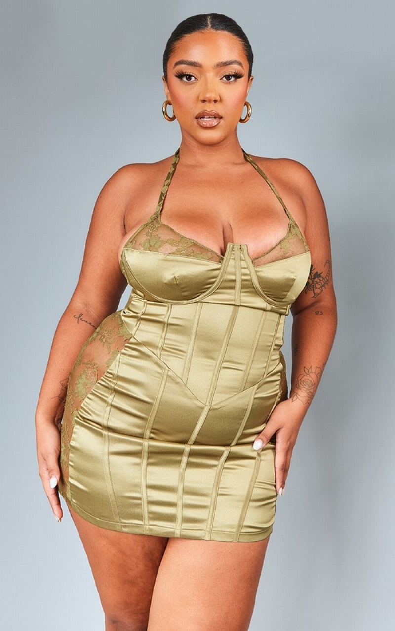 Olive Pretty Little Thing Plus Lace Detail Satin Corset Bodycon Dresses | QTILDBS-08