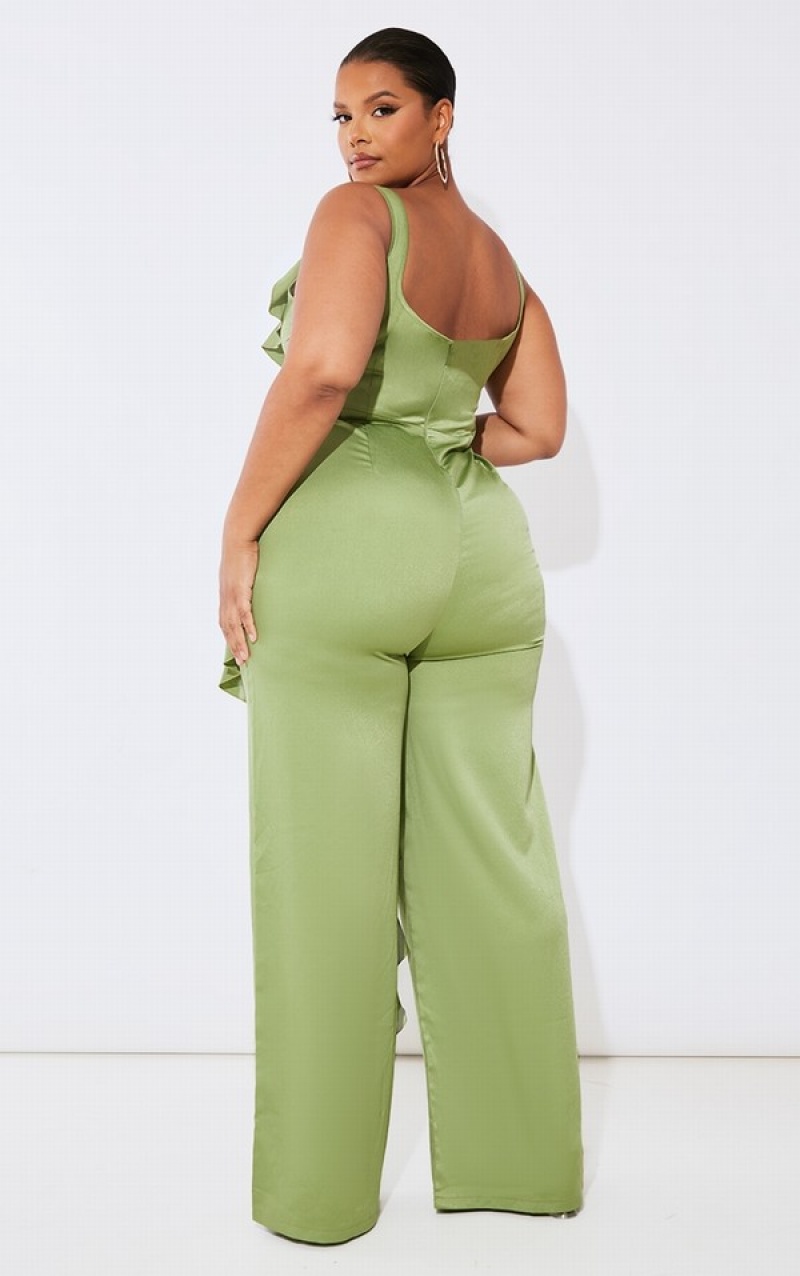 Olive Pretty Little Thing Plus Satin Ruffle Front Jumpsuits | CVINJWB-10