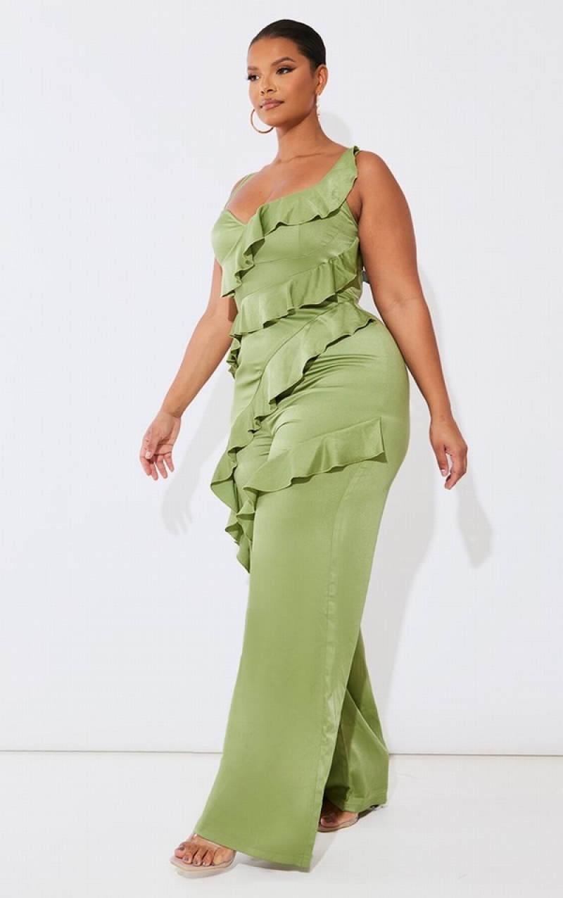 Olive Pretty Little Thing Plus Satin Ruffle Front Jumpsuits | CVINJWB-10