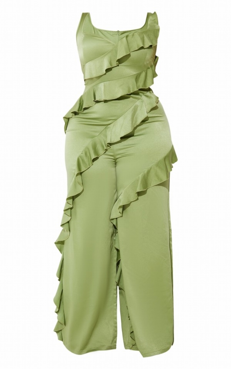 Olive Pretty Little Thing Plus Satin Ruffle Front Jumpsuits | CVINJWB-10