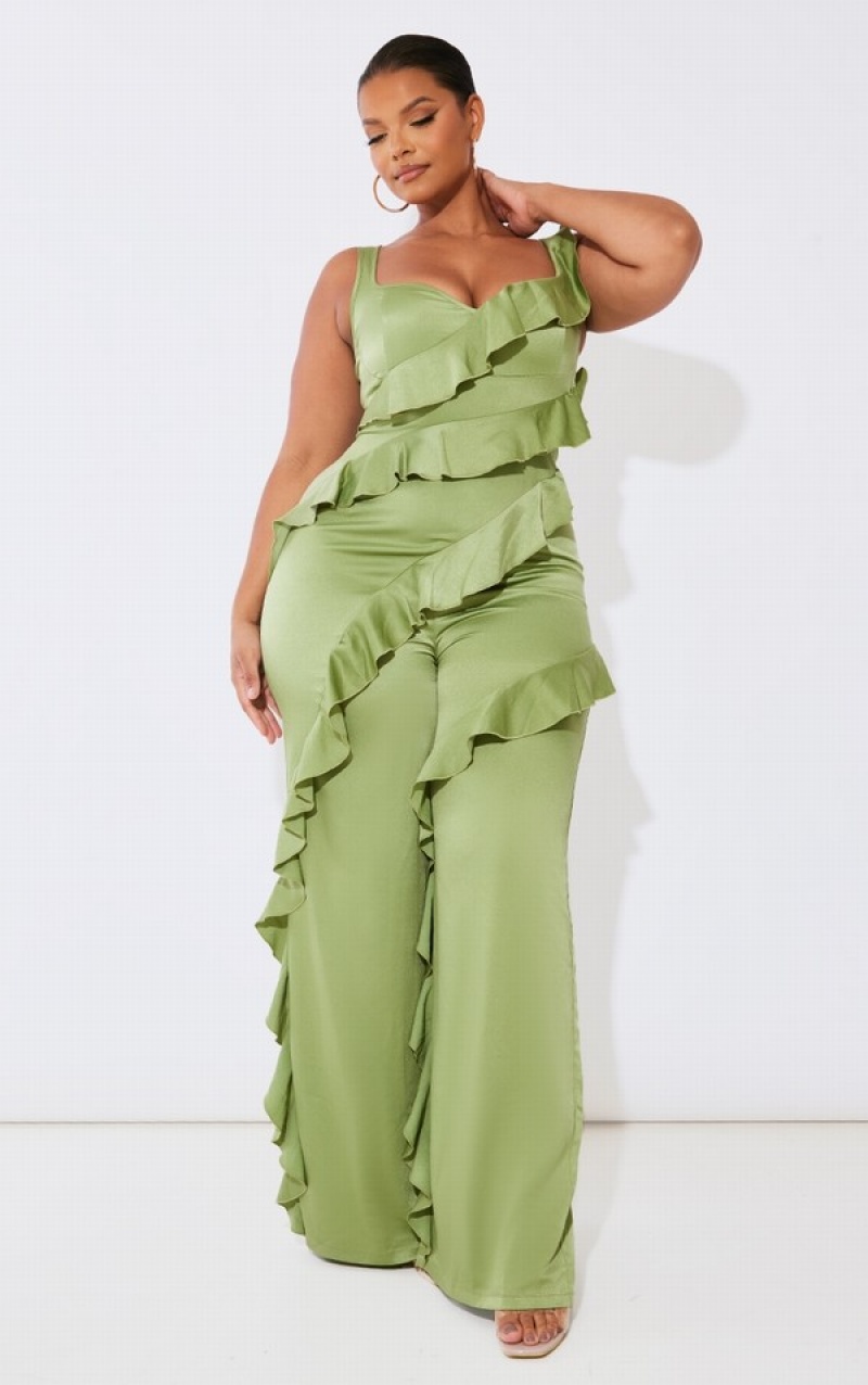 Olive Pretty Little Thing Plus Satin Ruffle Front Jumpsuits | CVINJWB-10