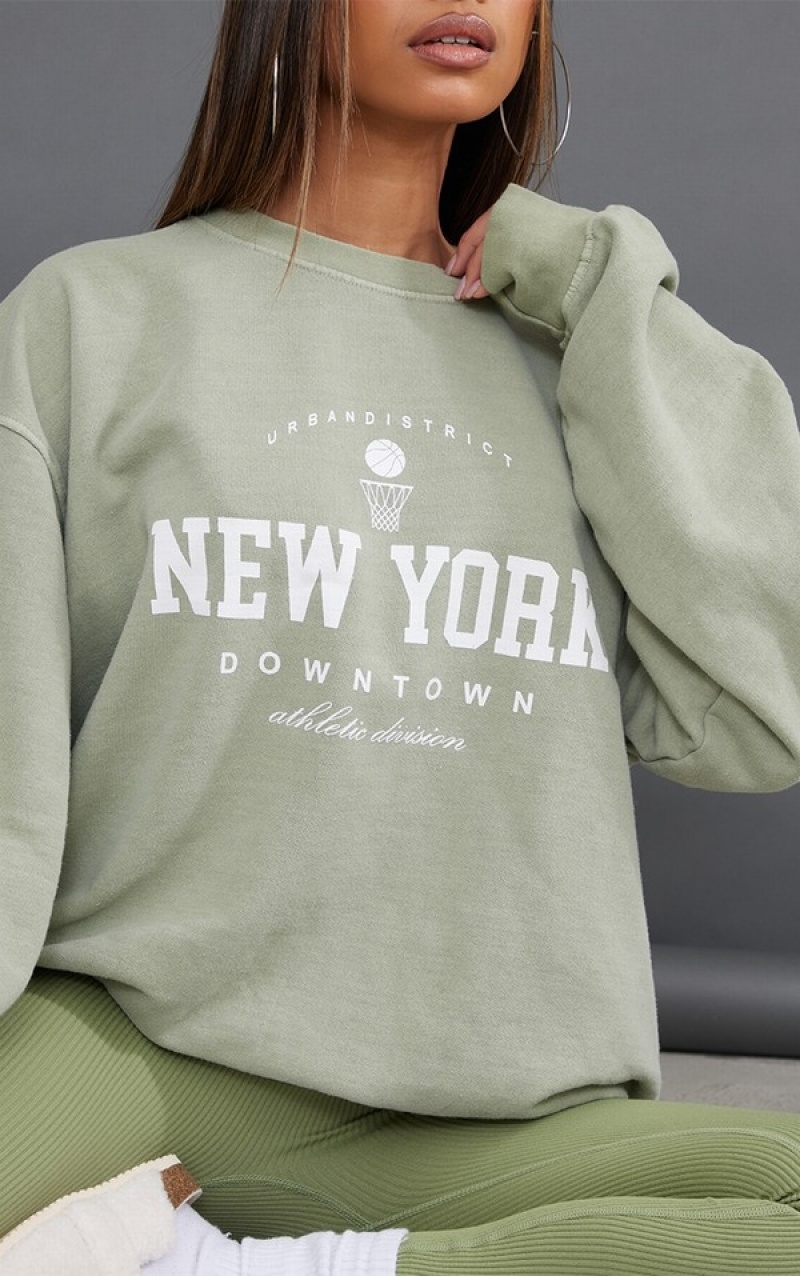 Olive Pretty Little Thing Sage New York Downtown Graphic Printed Sweatshirts | PKUBONL-80