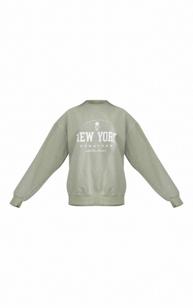 Olive Pretty Little Thing Sage New York Downtown Graphic Printed Sweatshirts | PKUBONL-80