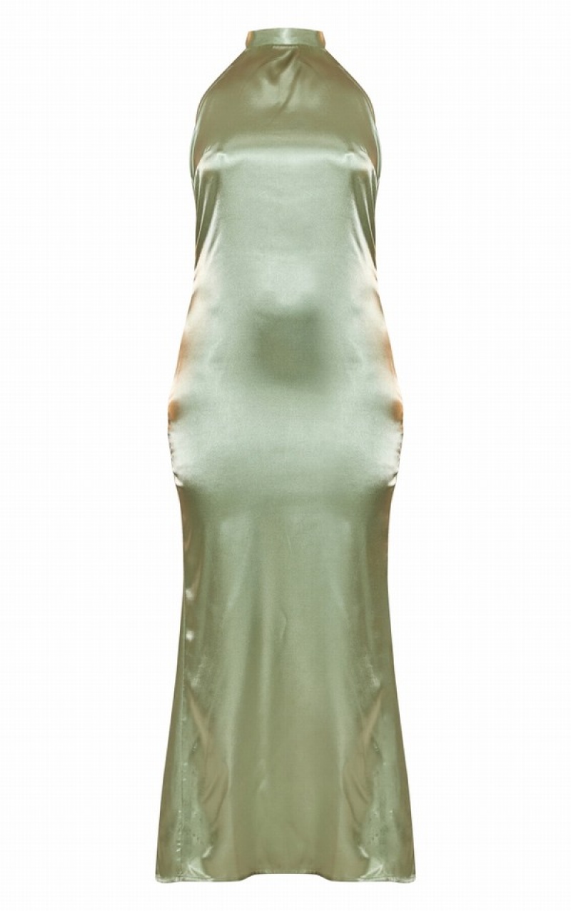 Olive Pretty Little Thing Sage Satin High Neck Maxi Dresses | PUVWSTQ-96