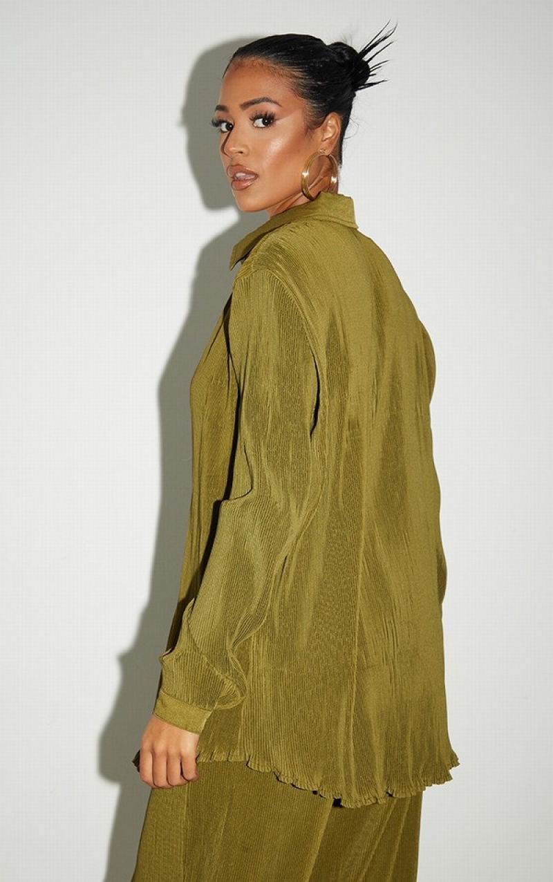 Olive Pretty Little Thing Tall Plisse Oversized Cuff Detail Shirts | EQDHJGK-98