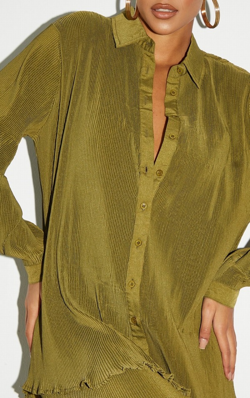 Olive Pretty Little Thing Tall Plisse Oversized Cuff Detail Shirts | EQDHJGK-98