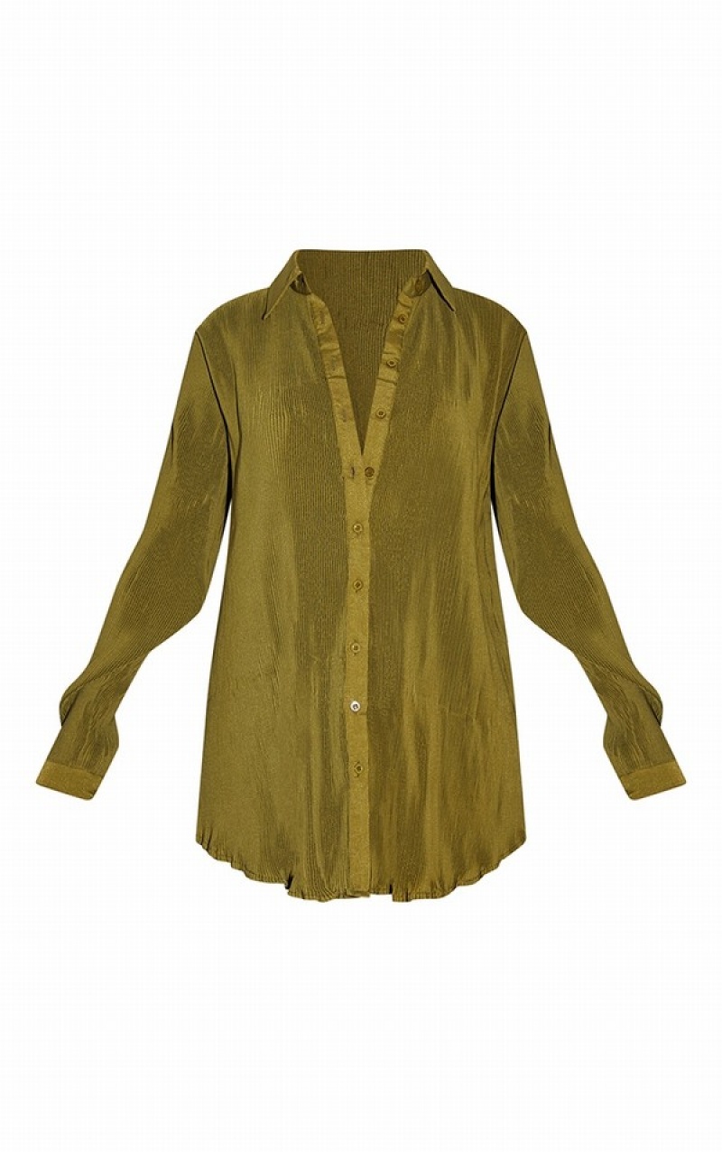 Olive Pretty Little Thing Tall Plisse Oversized Cuff Detail Shirts | EQDHJGK-98