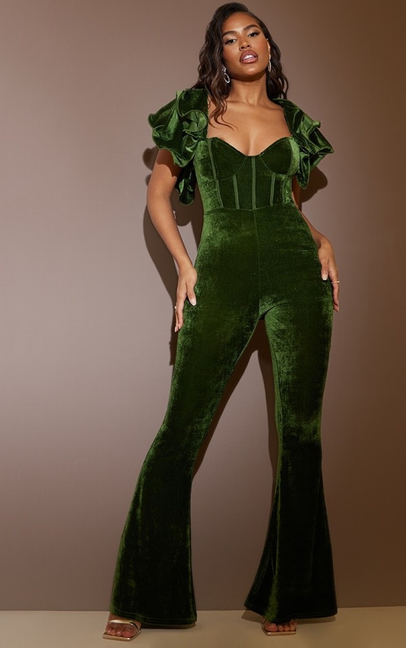 Olive Pretty Little Thing Velvet Lace Up Back Frill Sleeve Jumpsuits | ERAMIYZ-08