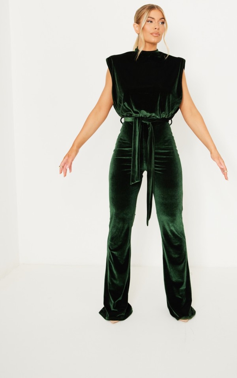 Olive Pretty Little Thing Velvet Shoulder Pad Tie Waist Wide Leg Jumpsuits | EKOWIAY-91