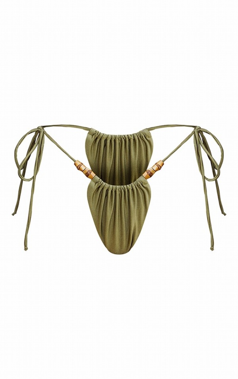 Olive Pretty Little Thing Wooden Bead Ruched Tie Side Bikini Bottoms | QIFCPDM-49