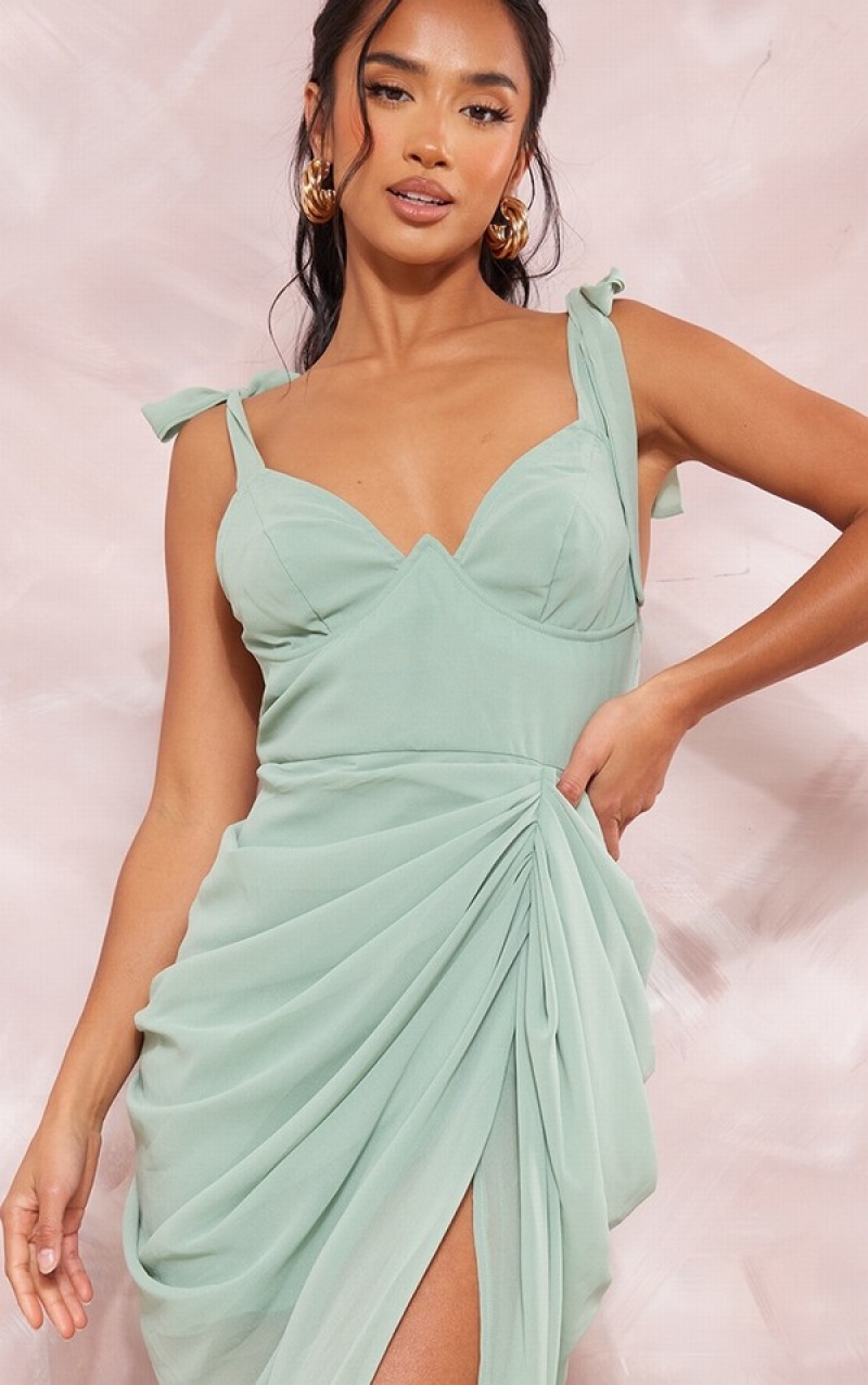 Olive / Green Pretty Little Thing Petite Sage Underwire Detail Draped Dresses | JSLYBFD-32