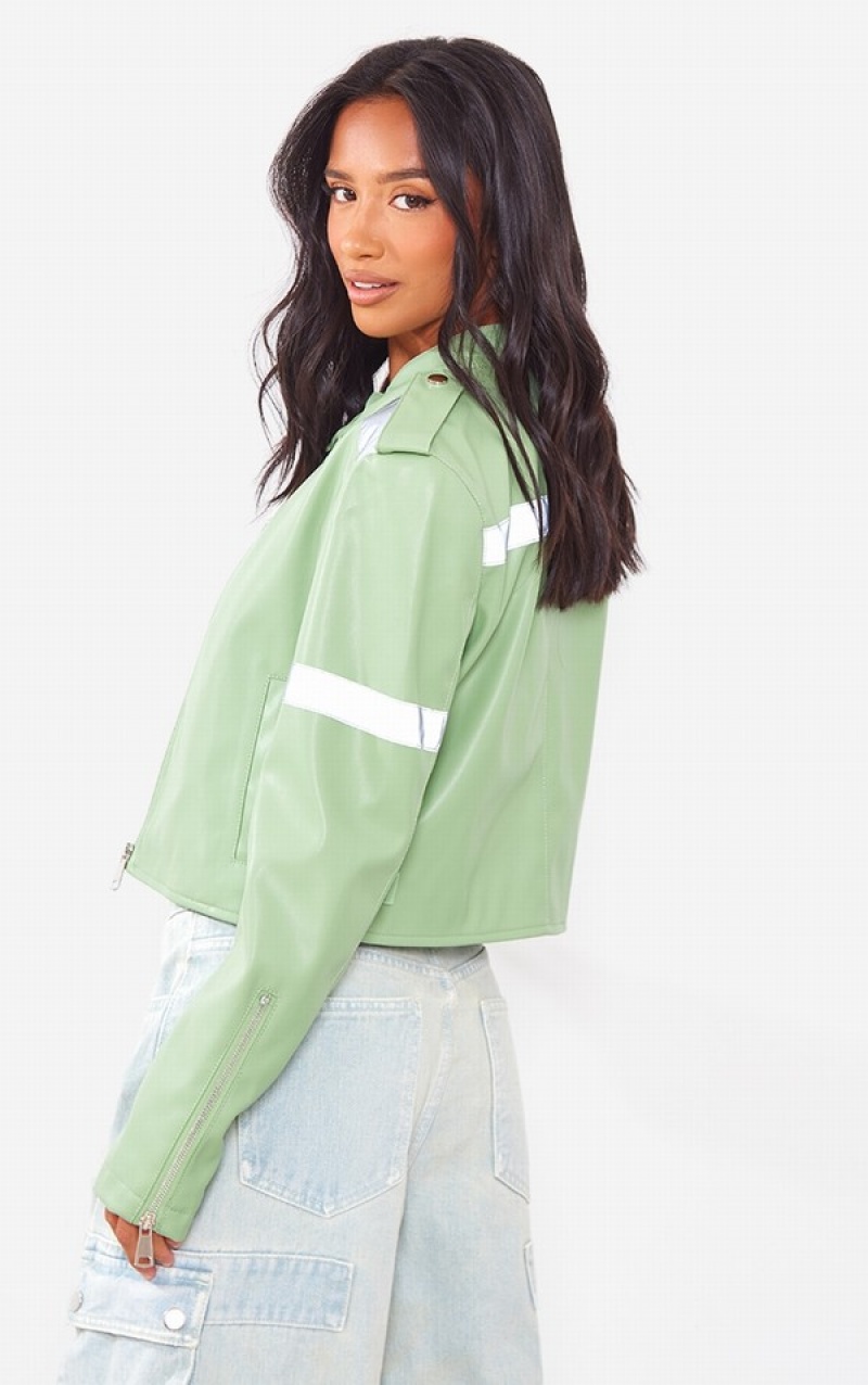 Olive / Green Pretty Little Thing Petite Sage Cropped PU Racer Jackets | XAUHVCN-14