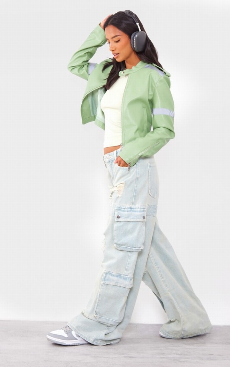 Olive / Green Pretty Little Thing Petite Sage Cropped PU Racer Jackets | XAUHVCN-14