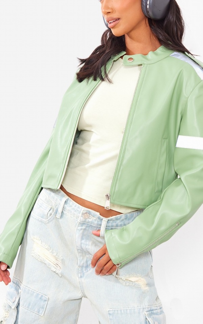 Olive / Green Pretty Little Thing Petite Sage Cropped PU Racer Jackets | XAUHVCN-14