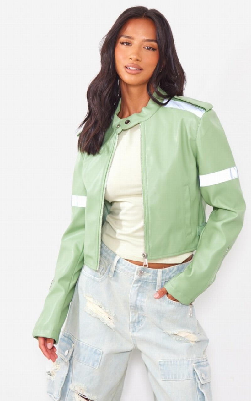 Olive / Green Pretty Little Thing Petite Sage Cropped PU Racer Jackets | XAUHVCN-14