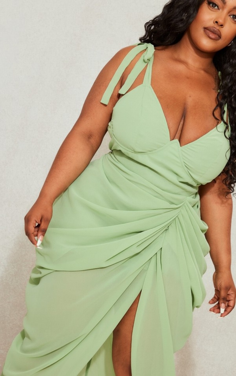 Olive / Green Pretty Little Thing Plus Sage Underwire Detail Draped Dresses | LOGABZI-43