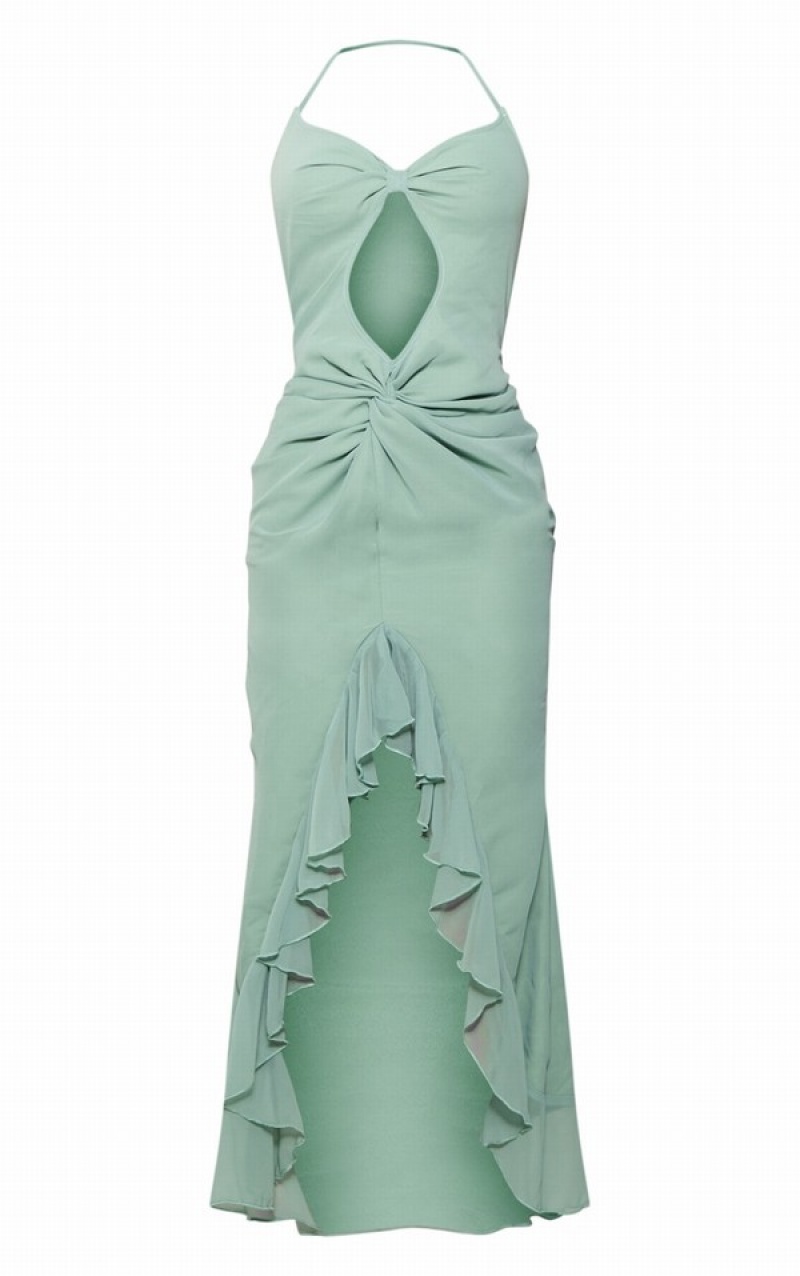 Olive / Green Pretty Little Thing Sage Chiffon Frill Knot Midaxi Dresses | MHLWDIT-01