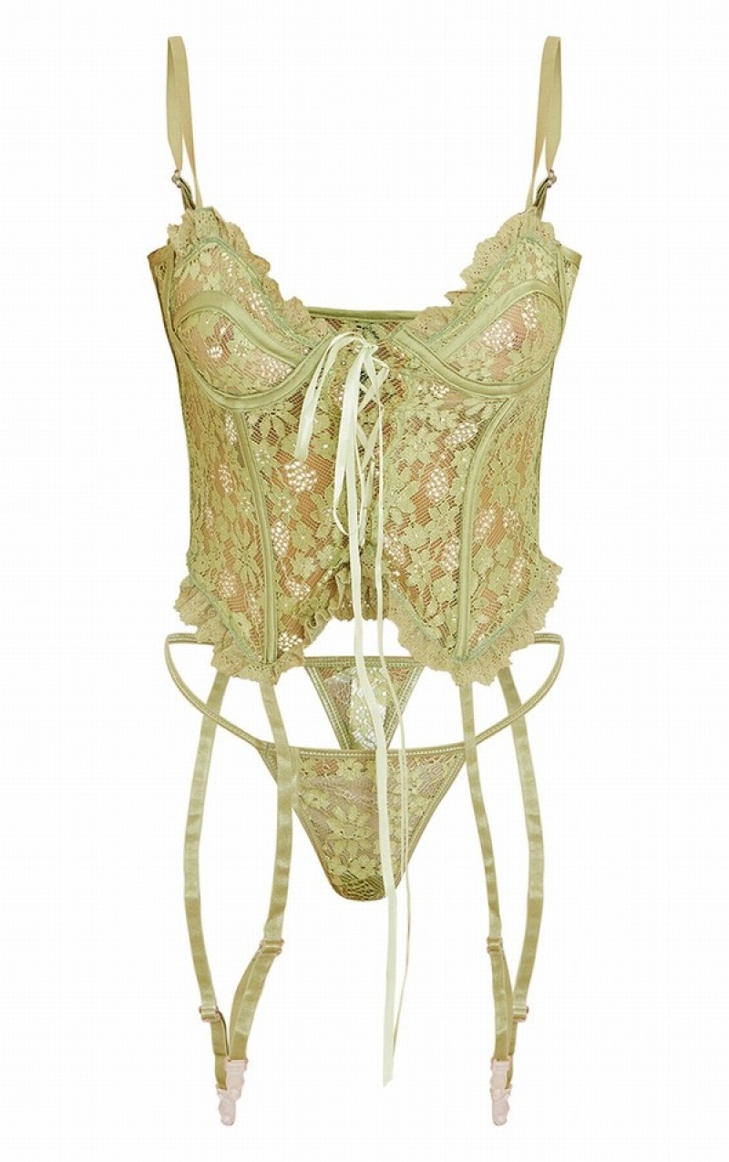 Olive / Green Pretty Little Thing Sage Floral Lace Lace Up Corset Lingerie | JVSFMBI-76