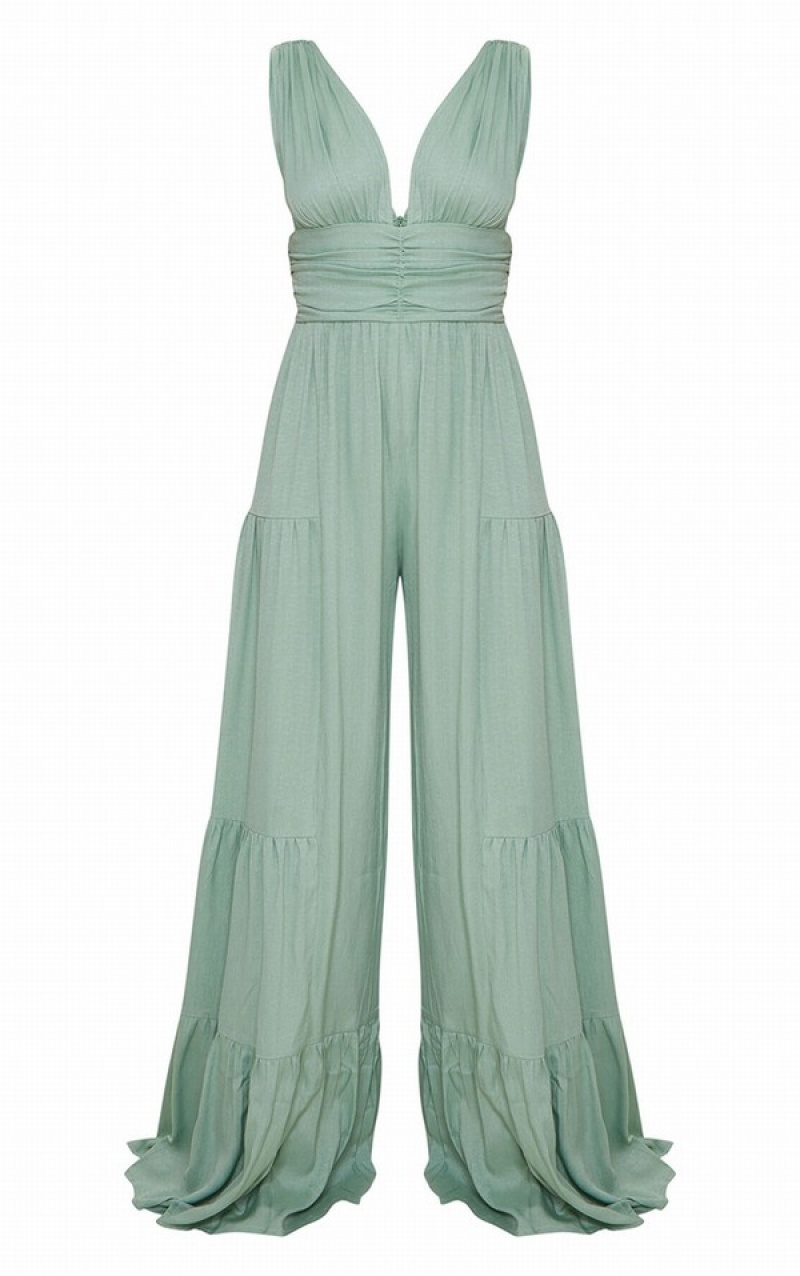 Olive / Green Pretty Little Thing Sage Linen Look Plunge TieWide Leg Jumpsuits | YWXRIBT-32