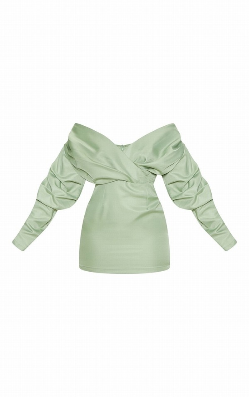 Olive / Green Pretty Little Thing Sage Off The Shoulder Ruched Bodycon Dresses | CETYBVG-61