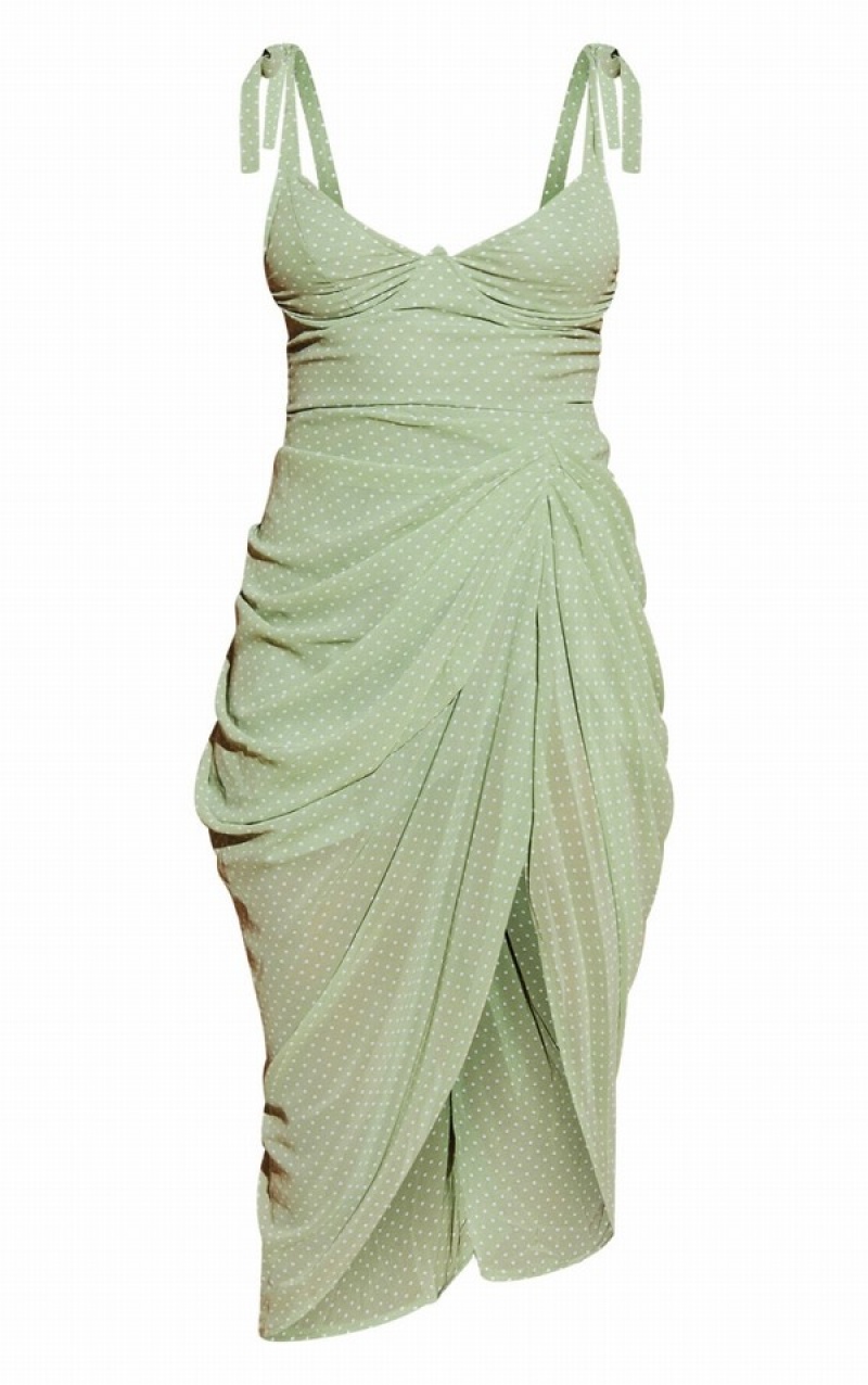 Olive / Green Pretty Little Thing Sage Polka Dot Draped Underwire Detail Dresses | TORUXML-54