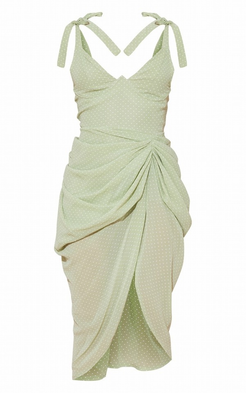 Olive / Green Pretty Little Thing Sage Polka Dot Draped Underwire Detail Dresses | TORUXML-54