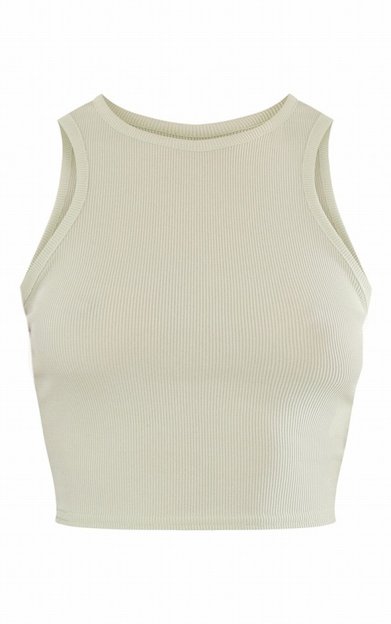 Olive / Green Pretty Little Thing Sage Rib Racer Neck Tanks | CKVDSGW-56