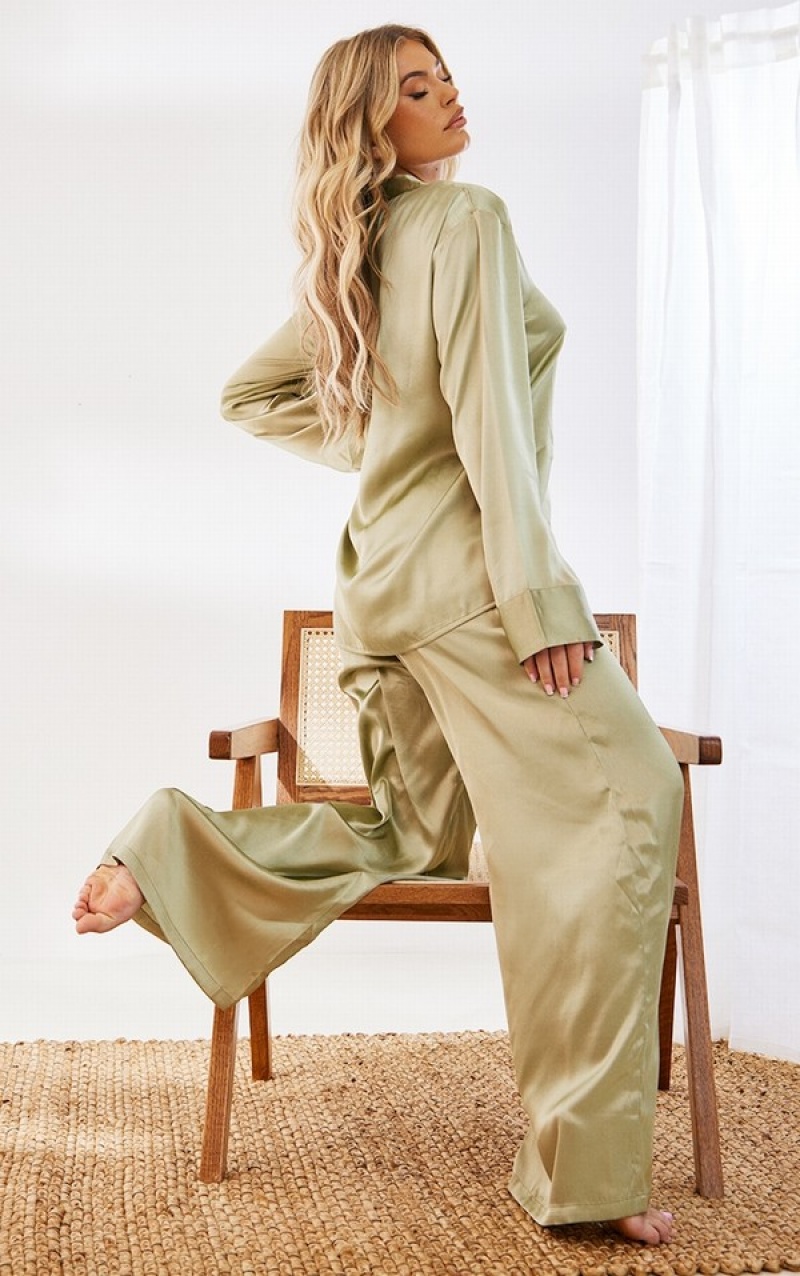 Olive / Green Pretty Little Thing Sage Satin Oversized Long Pj Sleepwear | QXAEZKP-94