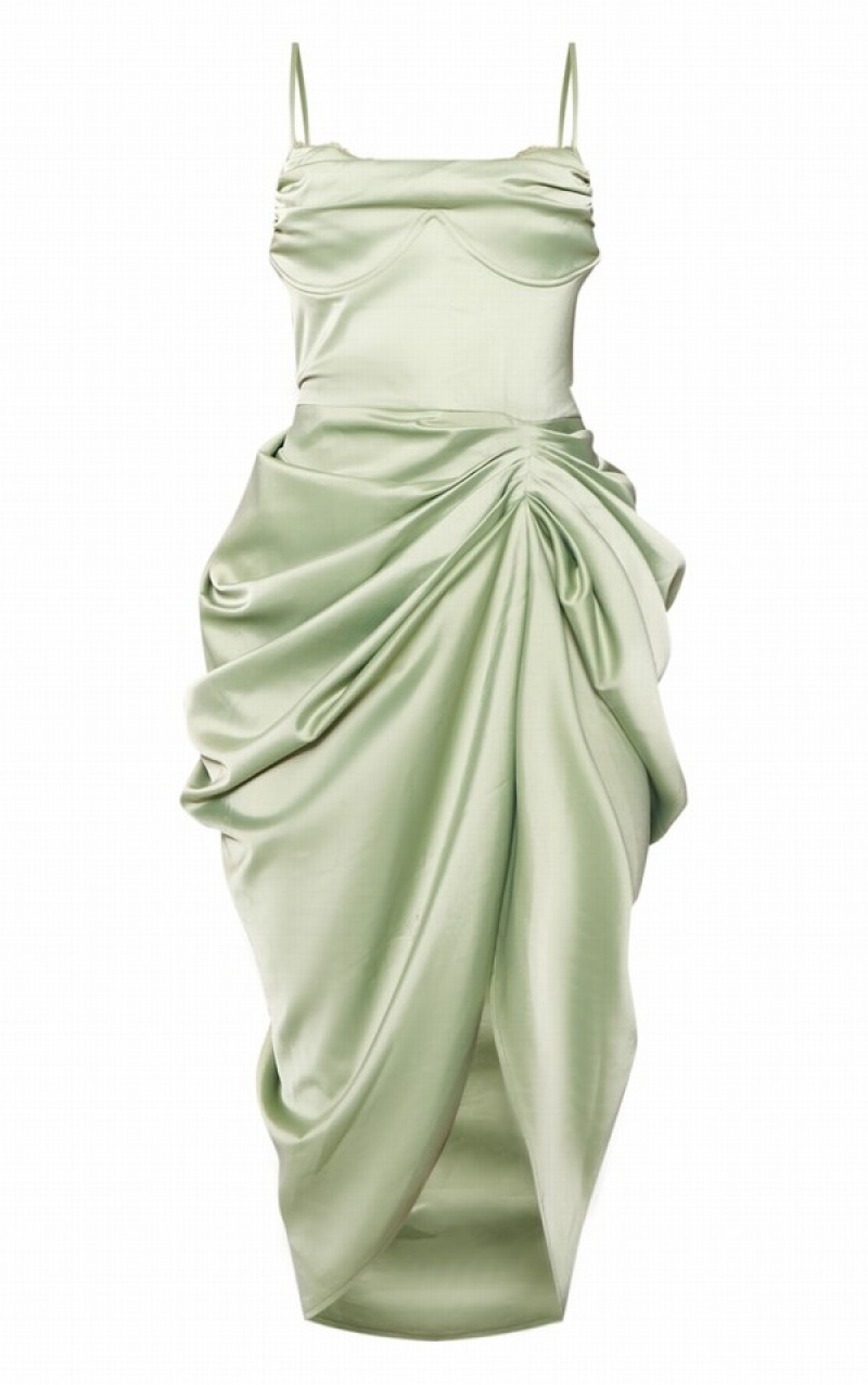 Olive / Green Pretty Little Thing Sage Satin UnderwiCowl Lace Trim Draped Dresses | QZRNODY-41