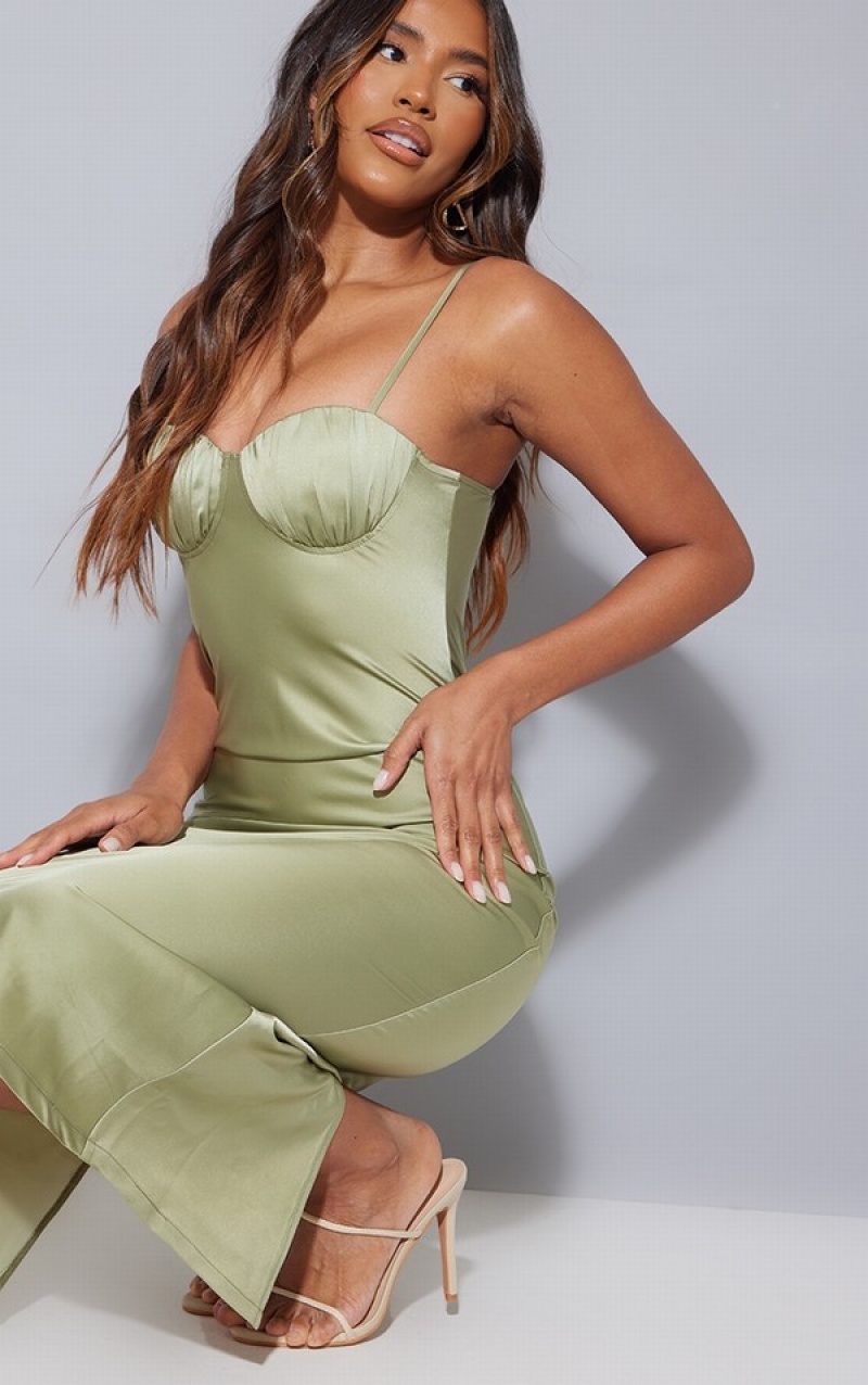 Olive / Green Pretty Little Thing Sage Satin Ruched Cup Strappy Dresses | BQVNWZI-07