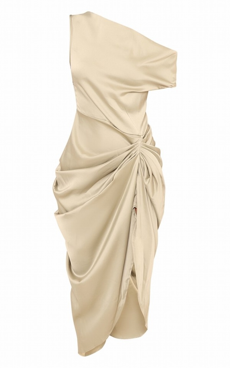 Olive / Green Pretty Little Thing Sage Satin Off The Shoulder Draped Dresses | IDXWMTA-14